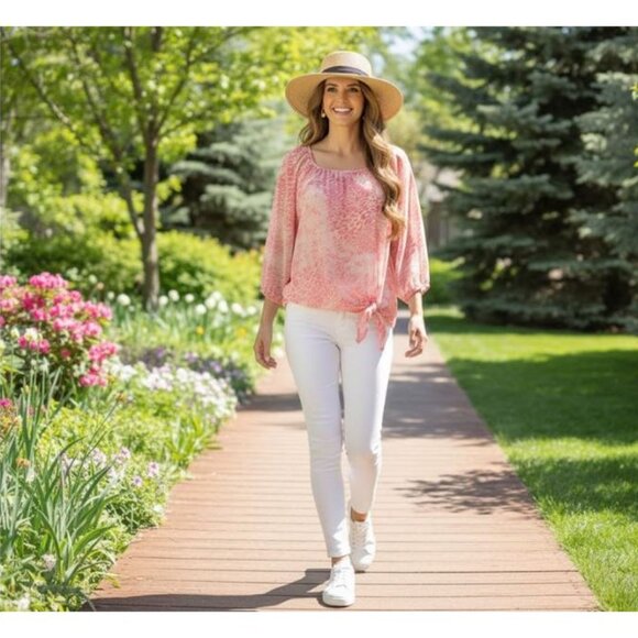 EXPRESS, pink 3/4 sleeve blouse with side tie - Picture 2 of 9